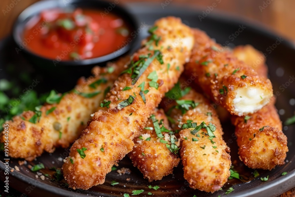 Fototapeta premium Crispy, golden brown mozzarella sticks are served with a vibrant marinara dipping sauce, creating a tempting appetizer