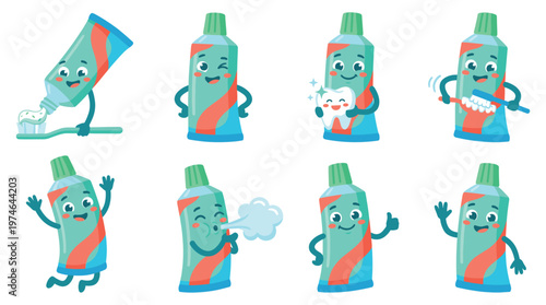 Playful Toothpaste Character Poses and Dental Care Activities Set for Oral Hygiene