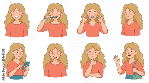 Collection of Young Woman Character Set Depicting Dental Care, Healthcare, Medical Poses, and Daily Activities