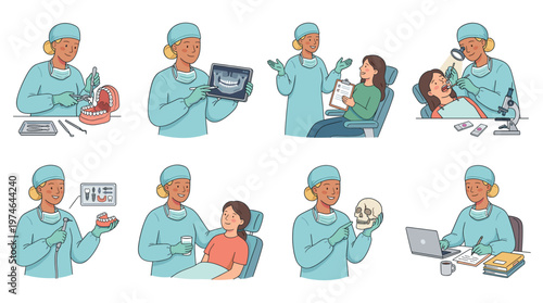 Diverse Character Set Illustrates Dental Care and Healthcare Medical Poses for Professional Activities
