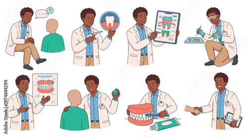 Diverse dental care character set illustrating healthcare and medical professional activities