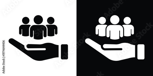 Vector icons of a hand holding a group of people. Symbolizes employee care, support, customer protection, human resource management, and social security or insurance concepts.