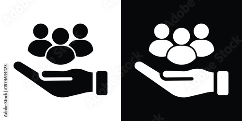 Vector icons of a hand holding a group of people. Symbolizes employee care, support, customer protection, human resource management, and social security or insurance concepts.