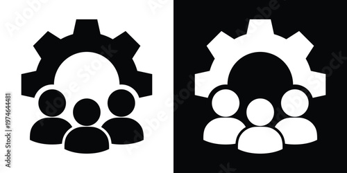Vector icons of a group of three people behind a large gear. Symbolizes workforce management, technical teamwork, industrial human resources, and business operations integration.