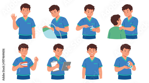 Diverse Character Set of Dental Care and Medical Healthcare Professional Poses Activities Collection