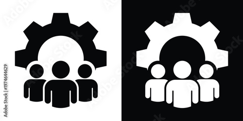 Vector icons of a group of three people behind a large gear. Symbolizes workforce management, technical teamwork, industrial human resources, and business operations integration.