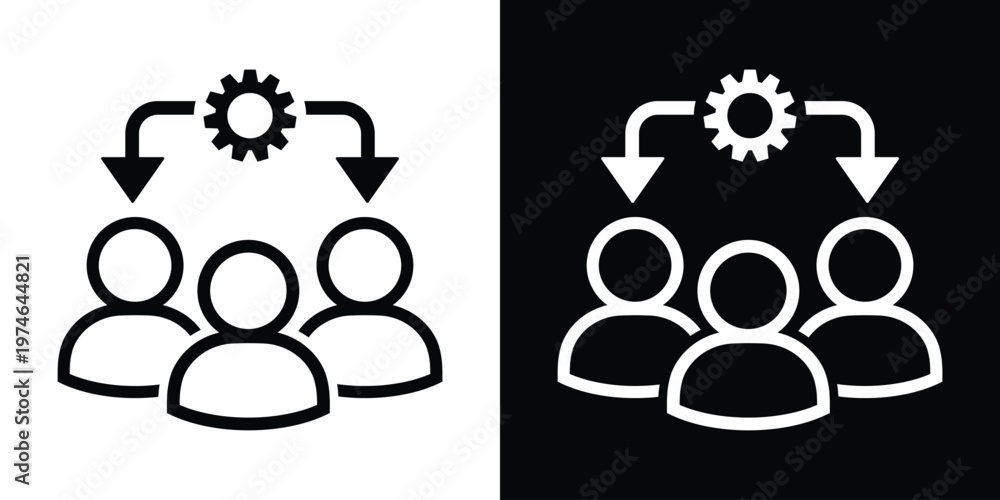 Obraz premium Business icons showing a gear with arrows pointing to people. Represents process delegation, workflow distribution, automation impact on staff, and organizational management systems.