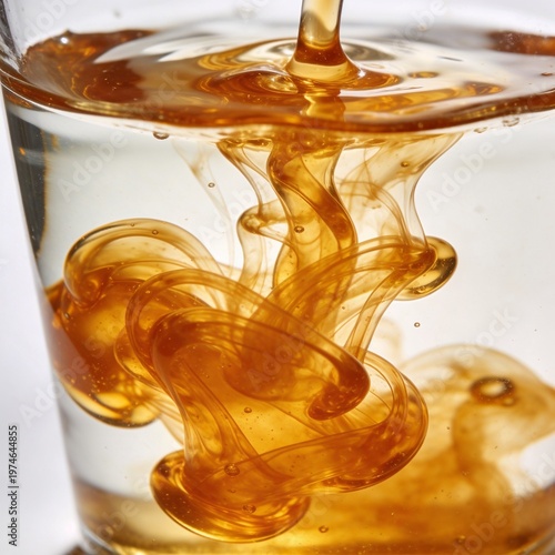 Honey dissolving in water creating golden swirling patterns  