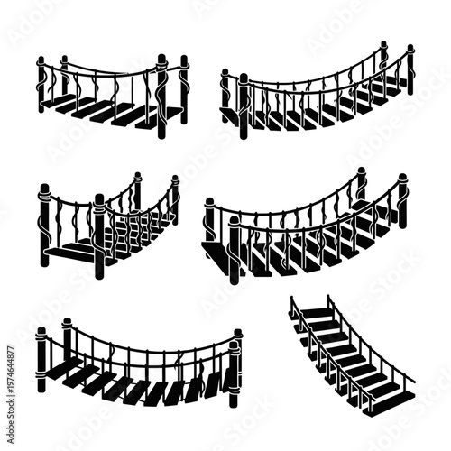 Set of Rope Bridges, Suspension Bridges, and Stairways - Black and White Icons