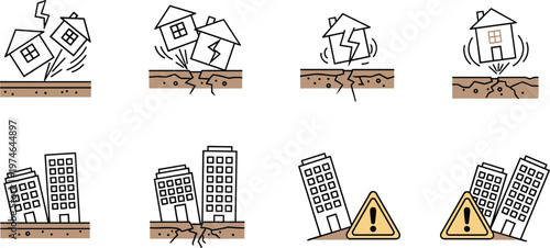 Earthquake house icon vector set disaster warning and building damage illustration isolated on white background