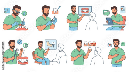 Professional male dentist character set illustrating various dental care and medical healthcare poses and activities collection