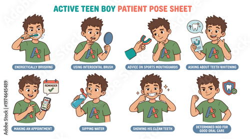 Active Teen Boy's Dental Healthcare Routine Poses Collection for Optimal Oral Care