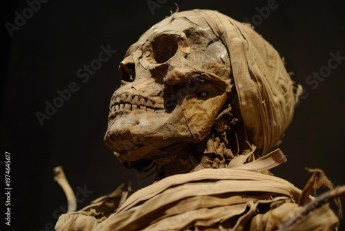 Scary mummy showing its teeth and bones, preserved with ancient techniques