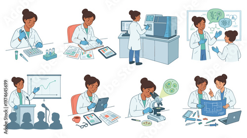 Healthcare and Medical Research Scientist Character Set Performing Diverse Lab Activities Collection