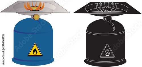 Camping Butane Burner Fire Color and Silhouette Icons Vector Illustration