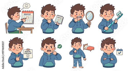 Boy Character Set Illustrating Dental Care and Healthcare Routines for Promoting Oral Hygiene