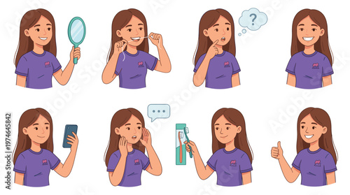 Youthful Character Set Dental Care, Healthcare, and Medical Poses for Oral Hygiene Activities