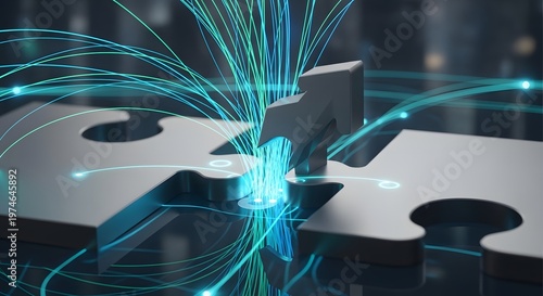Futuristic Puzzle Piece Connecting Light Trails in Glassy Circuit