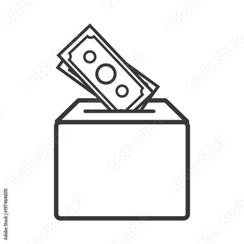 Isolated outline illustration of hand inserting banknote into box representing saving money, donation, charity box, and financial efficiency concept