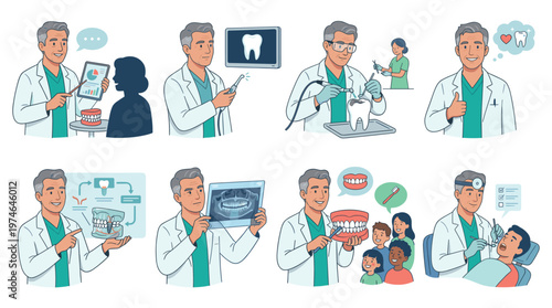 Illustrations of a Dentist Performing Various Dental Care and Healthcare Activities with Patients