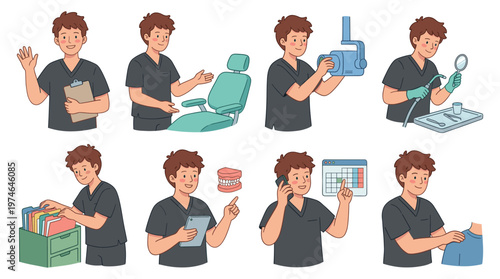 Male Dentist Character Set Healthcare Poses and Activities for Dental Clinic Professionals