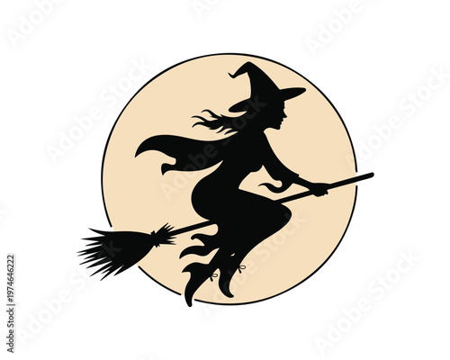 Witch flying on a broomstick against a pale yellow full moon in a Halloween silhouette