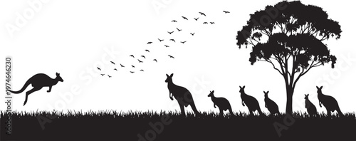 Dynamic vector silhouette capturing Australian wildlife, featuring a powerful kangaroo mid-leap across a grassy plain, with a group under a native tree and birds in flight