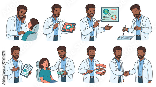 Professional Male Dentist Character Set Diverse Dental Care, Healthcare, and Medical Consultation Poses & Activities