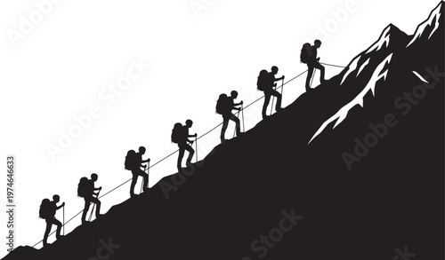 A striking silhouette illustrates a cohesive group of adventurers persistently climbing a formidable mountain, embodying progress, teamwork, and the ascent to success