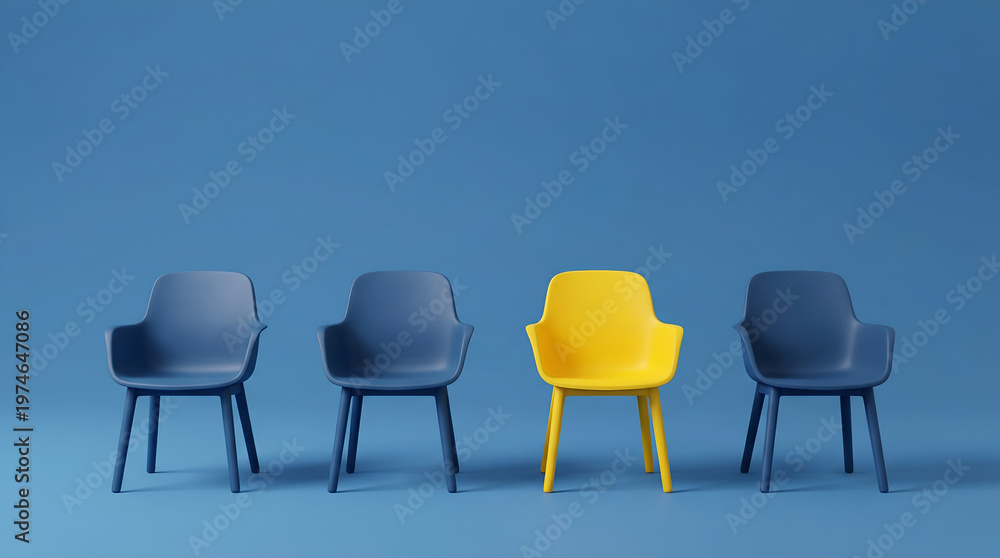 Obraz premium A single bright yellow chair stands out from a row of identical dark blue chairs against a solid blue background, symbolizing individuality, selection, difference, special and distinction