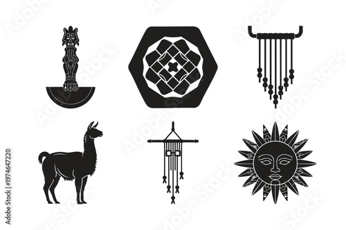 Traditional peruvian symbols silhouette set bundle with sun designs.