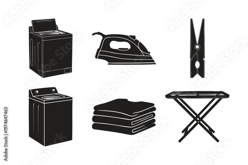 Washing machine and iron silhouette set bundle laundry care graphics.