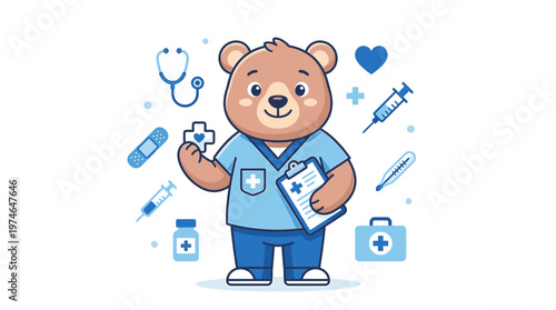 Cute Cartoon Bear Nurse Holding Medical Cross, Surrounded by Healthcare Symbols