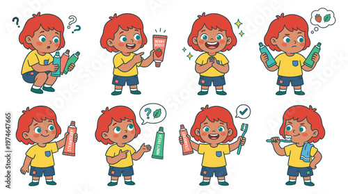 Collection of cartoon character poses illustrating dental care and healthcare activities for children