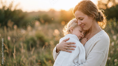 Young mother holding baby in sunset light, tender motherhood moment