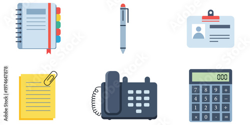 Essential Office Elements: A collection of vital office tools meticulously arranged, highlighting functionality and essential use.