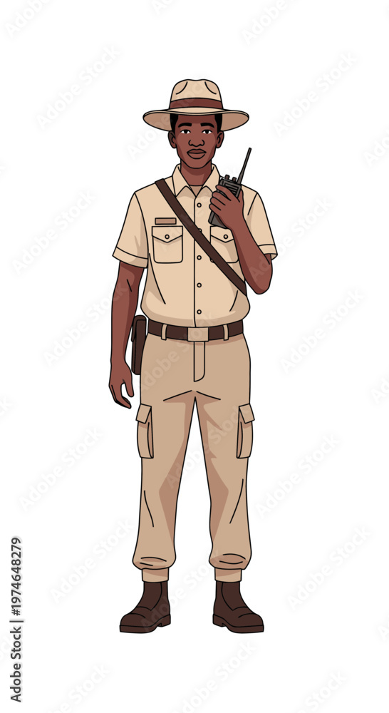 Fototapeta premium Park ranger standing with radio outdoors in rugged uniform 