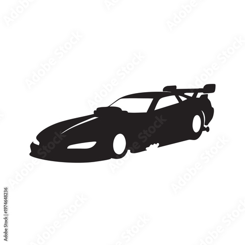 Silhouette of a drag racing car with a large spoiler flat vector illustration for automotive sports and speed concepts isolated on white