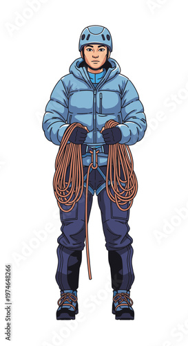 Male climber holding climbing ropes in winter attire outdoors  