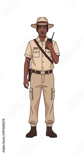 Park ranger standing with radio outdoors in rugged uniform  