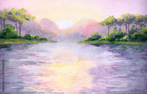 Watercolor landscape. Trees near the lake