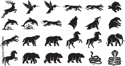 A comprehensive collection of diverse wild animal silhouettes, featuring various species from forests, jungles, and oceans, perfect for graphic design projects and educational materials