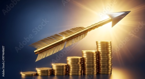 Golden Arrow Over Stacked Coins Shining Bright