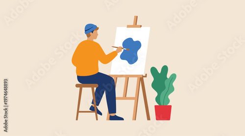 Man painting on an easel with cactus.