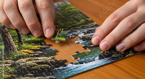 Hands Assembling Scenic Forest Puzzle on Wooden Table