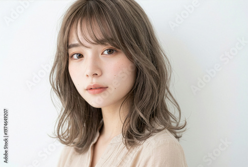Young Japanese woman with ash beige wavy hair in 3/4 view on white background