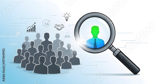 Magnified Focused Person in Glass Magnifier Over Group of People and Icons