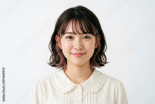 Hairstyle Young Japanese woman with a bob haircut and inner color highlights on a white background