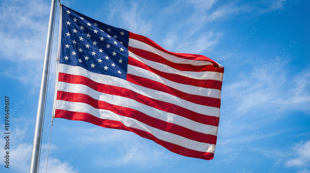 Fototapeta premium American flag waving proudly against a bright blue cloudy sky