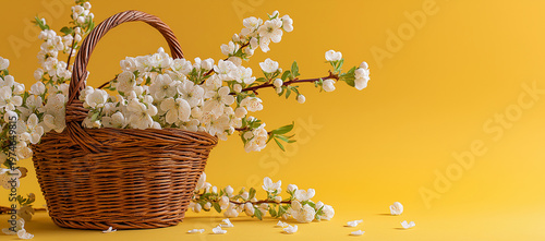 Wicker Basket with White Flowers on Yellow Background Spring Summer Banner with Copy Space
